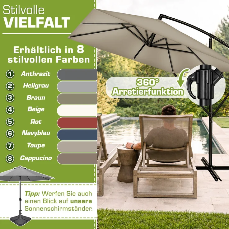 tillvex® Alu Sonnenschirm Rechteckig Ø 330 cm Taupe + Abdeckung mit Kurbel | Ampelschirm Eckig mit Ständer & Windschutz | Gartenschirm UV-Schutz Aluminium | Kurbelschirm Marktschirm wasserdicht 360° drehbar – Bild 5