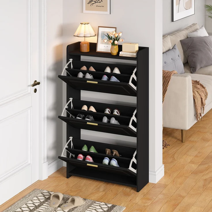 Schuhschrank 70x24x120 cm schwarz 2 Klapptüren 6 Fächer Ablagefläche – Bild 3