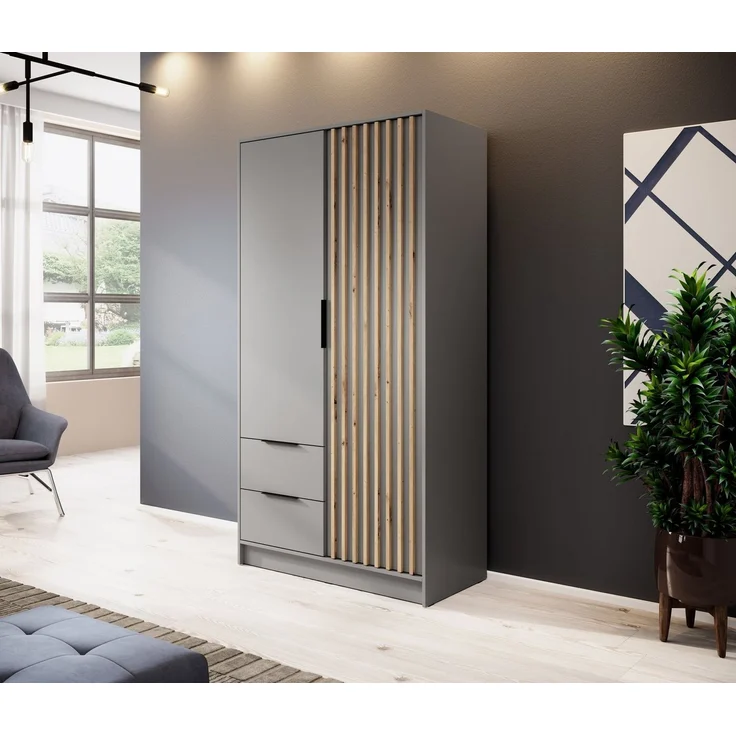 MOEBLO Kleiderschrank JOHN (Latten aus Holz, Loft Stil IndustrieSchrank Aufbewahrungsschrank (Spannstange) mit Regalböden, Schlafzimmerschrank mit 2/3/4 drehbaren Türen, 2 Schubladen) – Bild 1