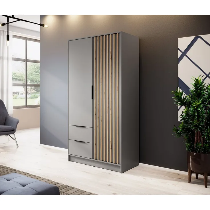 MOEBLO Kleiderschrank JOHN (Latten aus Holz, Loft Stil IndustrieSchrank Aufbewahrungsschrank (Spannstange) mit Regalböden, Schlafzimmerschrank mit 2/3/4 drehbaren Türen, 2 Schubladen)