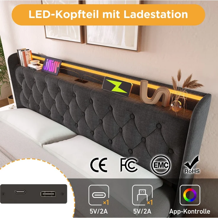 Polsterbett Leinen mit LED, USB-Anschluss & Stauraum, 140x200 cm, Grau, mit Matratze – Bild 4
