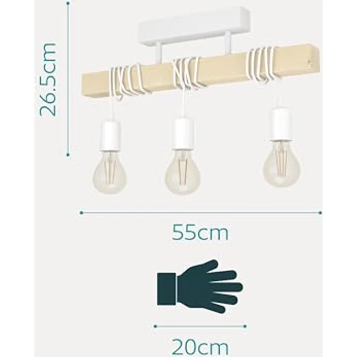 Eglo 33166 Hängeleuchte TOWNSHEND Stahl weiß, Holz braun E27 3X40W L:55cm B:10,5cm H:26,5cm dimmbar – Bild 6