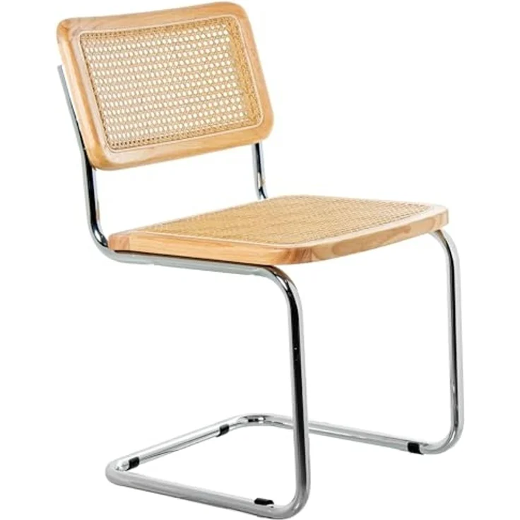 DRW Set mit 4 Stühlen aus Holz, Rattan und Metall in Natur und Chrom, 48 x 53 x 81 cm – Bild 1