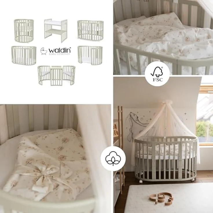 Waldin Babybett Mobiles Babybett OWAL aus Holz 7in1 mit Matratze, mitwachsend – Bild 6