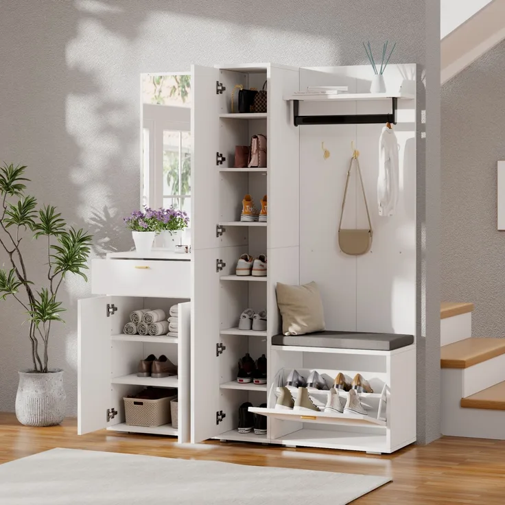 CHICFURN Schrank 150x180x36 cm mit Spiegel, Sitzbank und Schuh-Kippfach – Weiß