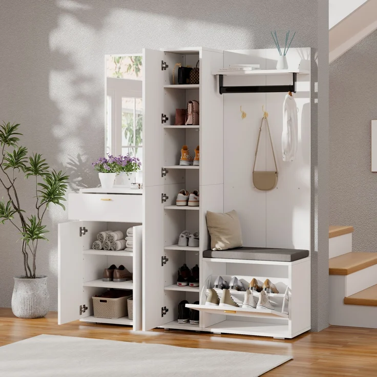 CHICFURN Schrank 150x180x36 cm mit Spiegel, Sitzbank und Schuh-Kippfach – Weiß – Bild 1
