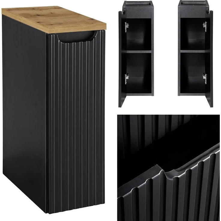 Badschrank 20cm, in schwarz mit Eiche, NEWPORT-56-BLACK