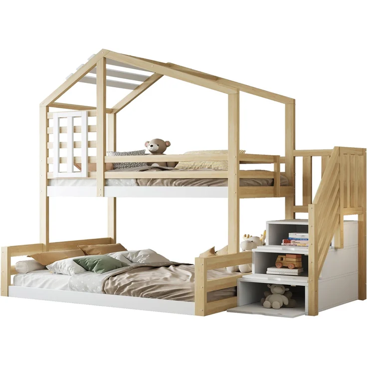 Etagenbett 140x200 Kinderbett Hausbett Kiefernholz+MDF, Geländer & Stauraum,Weiß & Natur – Bild 7