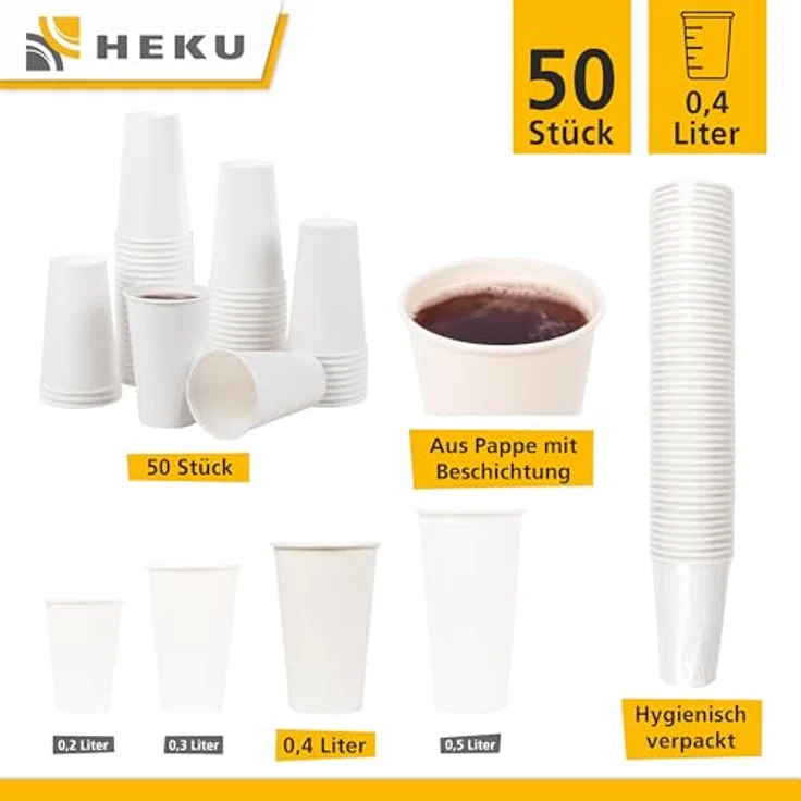 HEKU 50 weiße Pappbecher| Frischfaser mit Beschichtung | recyclingfähig | FSC-Zertifiziert | Für Heiß- und Kaltgetränke | Ideal für Veranstaltungen, Büros und Cafés, 0,4l – Bild 6
