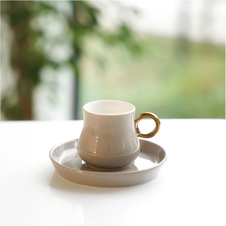 Mulex Kaffeeservice 12-tlg Mokkatassen Set, Porzellan, 100 ml, Taupe/Gold, spülmaschinengeeignet, für 6 Personen