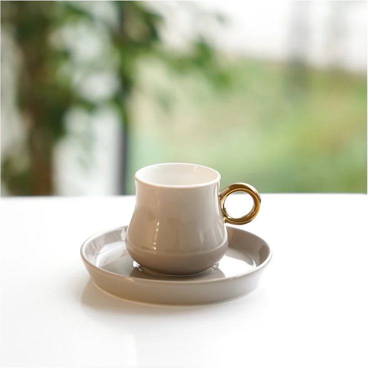 Mulex Kaffeeservice 12-tlg Mokkatassen Set, Porzellan, 100 ml, Taupe/Gold, spülmaschinengeeignet, für 6 Personen