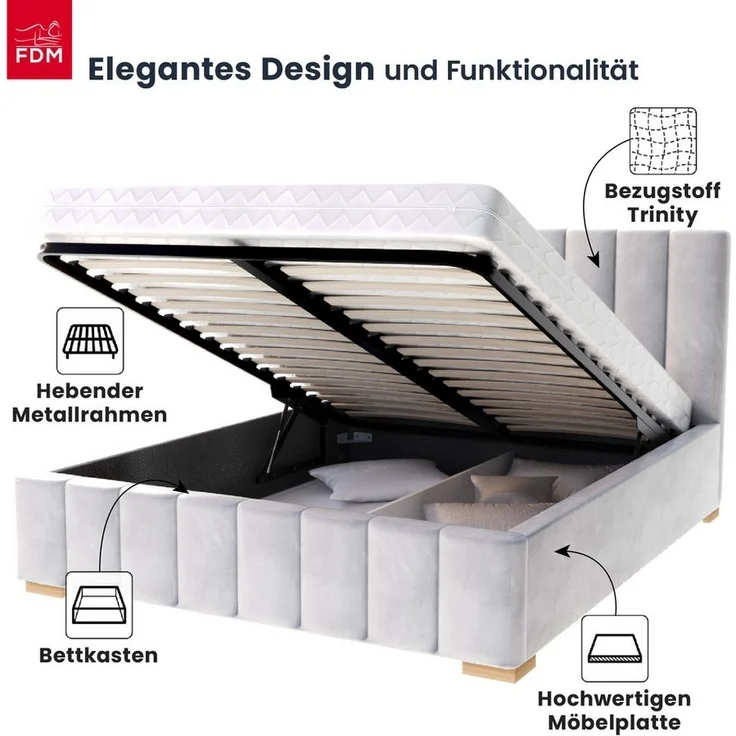 FDM Polsterbett modern mit Bettkasten MADE IN EU - mit hochwertigem Velours Bezug (verfügbar 90x200 120x200 140x200 160x200 180x200cm, Bettrahmen, Bett, mit großen gepolsterten Kopfteil, mit Bettkasten zum aufklappen), Hebbarer Metallrahmen, Bettkasten... – Bild 2