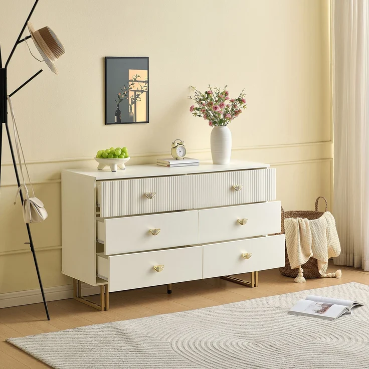 Sideboard Weiß MDF 120 x 40 x 75 cm mit 6 Schubladen, modern, Metallbeine, Aufbewahrungsschrank Wohnzimmer – Bild 4