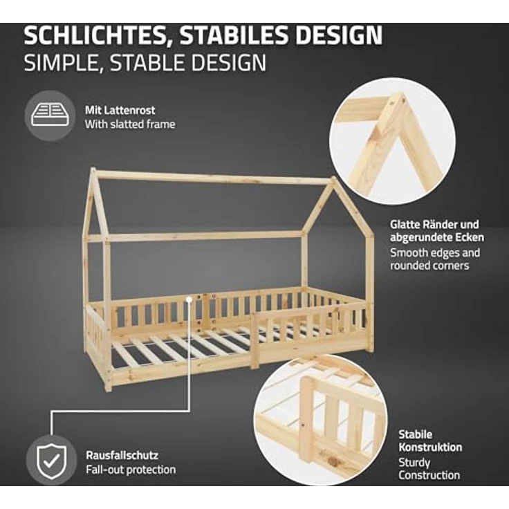 ML-DESIGN Kinderbett Hausbett mit Rausfallschutz, Dach und Lattenrost Massivholz, Bett 90x200 cm Natur mit Matratze 10cm Mädchen Jungen Holzbett – Bild 6