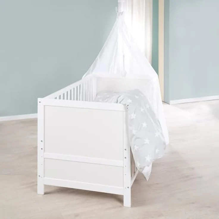 roba Kinderbettset „Sterne grau“ – mitwachsendes Babybett mit Matratze, Bettwäsche & Himmel – Bild 3