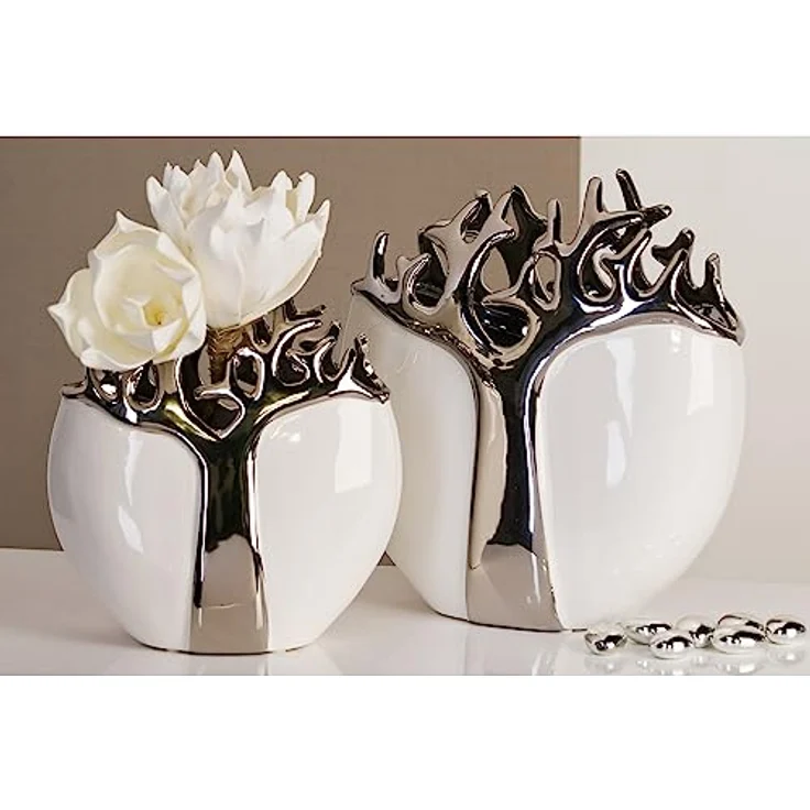 GILDE Vase Tree, Keramik in weiß mit silbernem Baumdesign, Dekovase, 21 cm Höhe, wasserdicht – Bild 3
