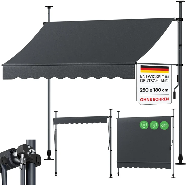 STEELSØN 'Dioran' Klemmmarkise mit Handkurbel 250x180 cm, anthrazit, stufenlos höhenverstellbar, wetterfest und UV-beständig, Balkonmarkise ohne Bohren – Bild 1