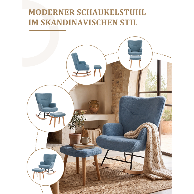 GOEURVANT 5006 Schaukelstuhl ohne Hocker (Relaxsessel, Ohrensessel) - Teddy-Stoff - Taubenblau – Bild 10