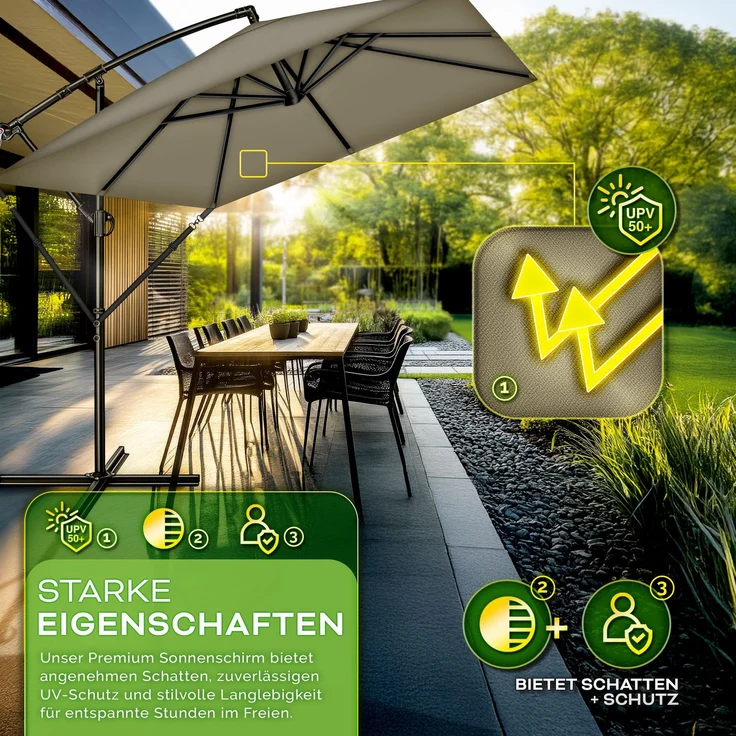 tillvex® Alu Sonnenschirm Rechteckig Ø 330 cm Braun + Abdeckung mit Kurbel | Ampelschirm Eckig mit Ständer & Windschutz | Gartenschirm UV-Schutz Aluminium | Kurbelschirm Marktschirm wasserdicht 360° drehbar – Bild 3