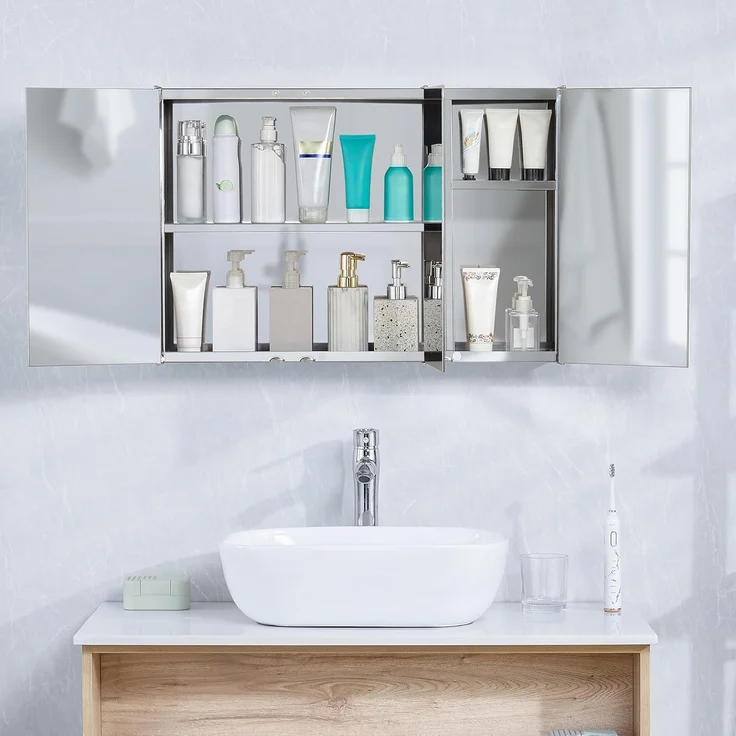 Home Discount Bath Vida Tiano Badezimmerschrank, dreifach verspiegelt, Wandmontage, Edelstahl, moderner Schrank, Glas, Silber, H 45 x W 68 x D 13 cm Approx – Bild 5