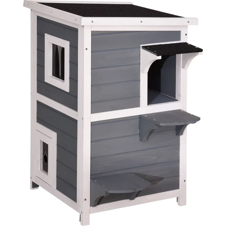 Katzenhaus Katzenvilla isoliert Katzenhütte 2 Etagen Wetterfest, Grau, 0508 EY – Bild 5