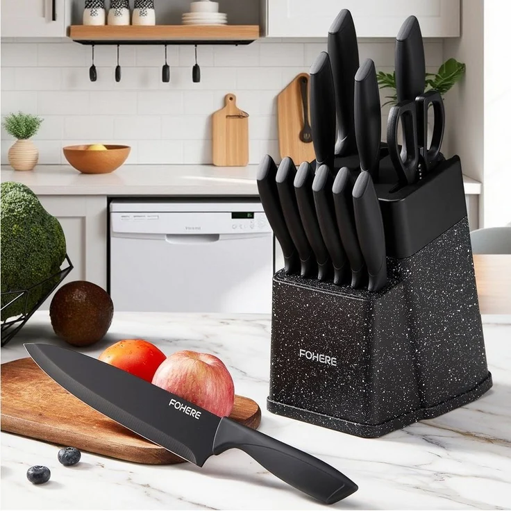 FOHERE Messer-Set aus hochwertigem Edelstahl, mit ergonomischen Griffen (13-tlg), Inkl. integriertem Schärfblock, spülmaschinenfest & rostfrei – Bild 5