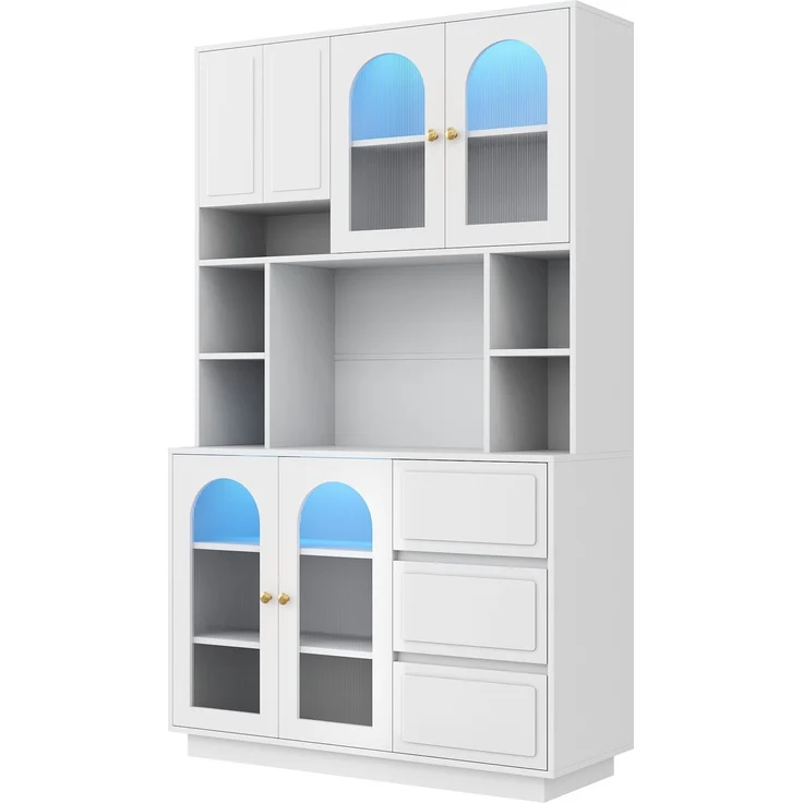 Merax Hoher Sideboard Schrank, Küchen Staurschrank mit Bogen-Acryltüren, Bar-Schrank mit offenen Fächern, Schrank mit APP-gesteuerter farbverstellbarer LED-Beleuchtung, Weiß – Bild 8