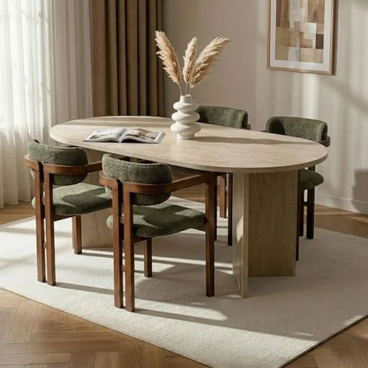 Hanah Home Elegantes 5-teiliges Esszimmer-Set mit Tisch und Stühlen, Travertin & Walnuss, 180 x 90 cm | Gestell aus 100% Melamin und Buche | Pflegeleichter Stoff – Bild 2