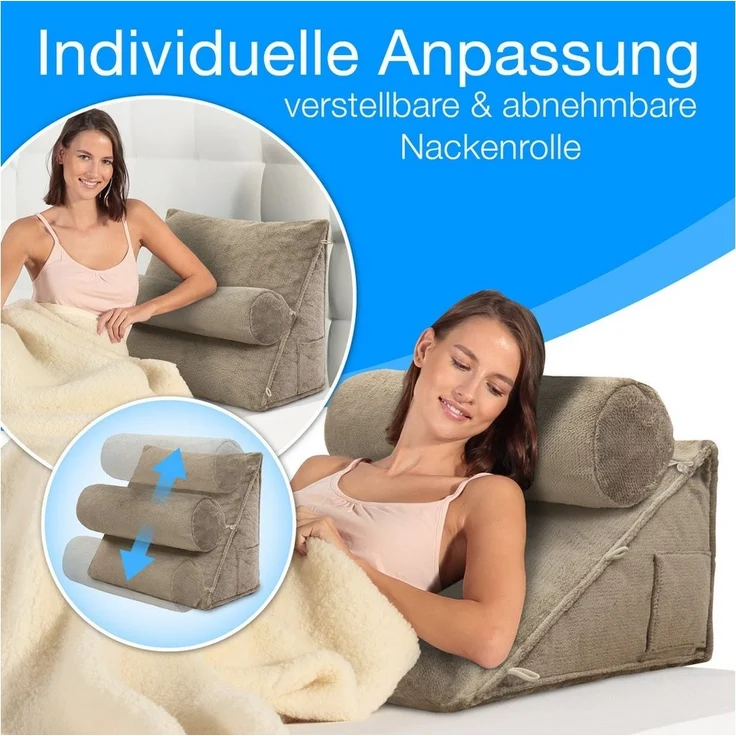 aktivshop Rückenkissen mit Nackenrolle für Bett & Sofa, 55x50x30cm, waschbarer Bezug – Bild 2