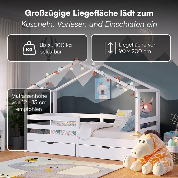 Bellabino 'Abia' Hausbett 90x200 cm mit 2 Schubladen, weiß, Kiefer Massivholz, Montessori Kinderbett mit Stauraum, inkl. Rausfallschutz und Lattenrost – Bild 5