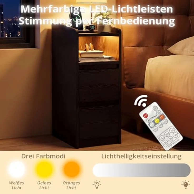 IRONCK Nachttisch Schmal, Beistelltisch mit Ladestation und LED, Schwarz | Bedside Table mit Offenem Fach für Schmale Räume Schlafzimmer, Wohnzimmer, 2 Schubladen,2 AC-Steckdosen,USB+Typ-C Anschlusse – Bild 6