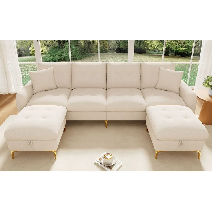 ZUBALIYA SchlafSofa mit Stauraum, mit Chenille - Bezug, mit Samtbezug, mit Knopfheftung, mit breiten Armlehnen, Beige – Bild 8