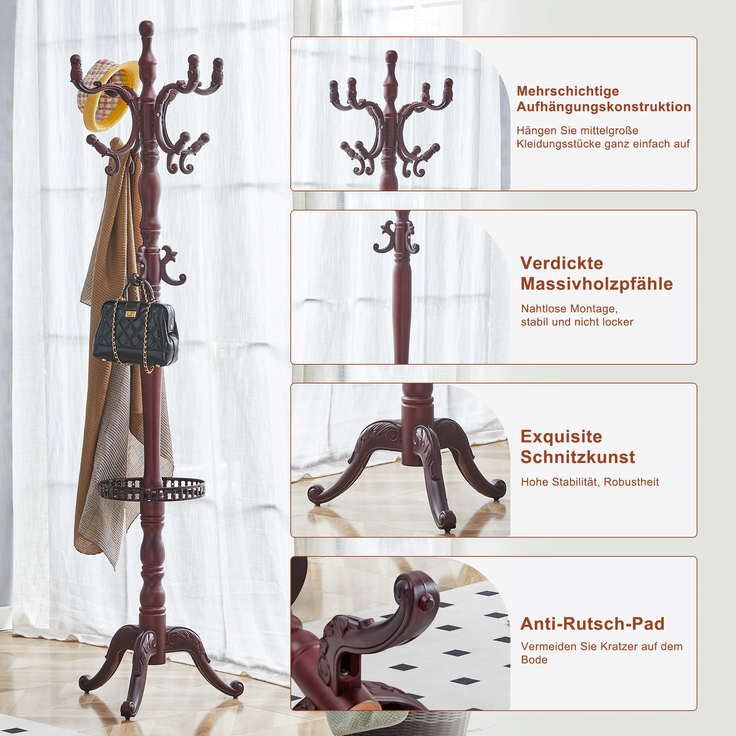 Kleiderständer aus Massivholz in Nussbaumoptik, H 195 cm, Ø 31 cm, Standbreite 48 cm – Bild 6