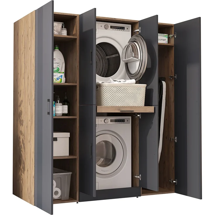 Roomart Waschmaschinenschrank - DORA-I- 160 cm breit - Wasch- & Trocknerschrank mit 2 Hochschränken, Türen & Ausziehbrett, Waschmaschinen-Überbau für Waschküche & Hauswirtschaftsraum • Anthrazit-Eiche – Bild 8