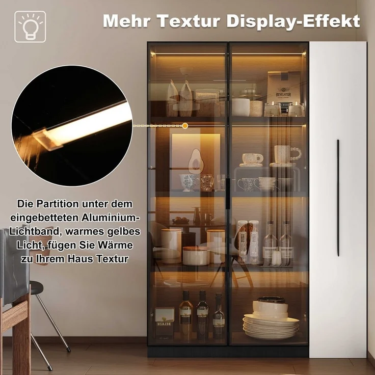 BlingBin Stauraumvitrine Multifunktionsschrank Glasvitrine (1-St, Bücherregal mit LED-Vitrine & seitlichem Auszugsschrank auf Rollen) Soft-Close-Scharniere, Warmgelbe Beleuchtung, 110,5×35×160 cm – Bild 2