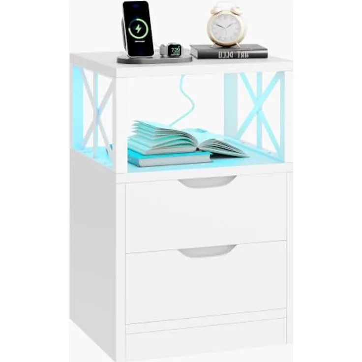 Feonase Nachttisch, Beistelltisch mit Schublade, Nachtschrank mit 2 Schubladen und 1 Fach, Nachttische mit LED-Beleuchtung, 2 AC-Steckdosen und 2 USB-Anschlüssen, für Schlafzimmer, Wohnzimmer, Weiß