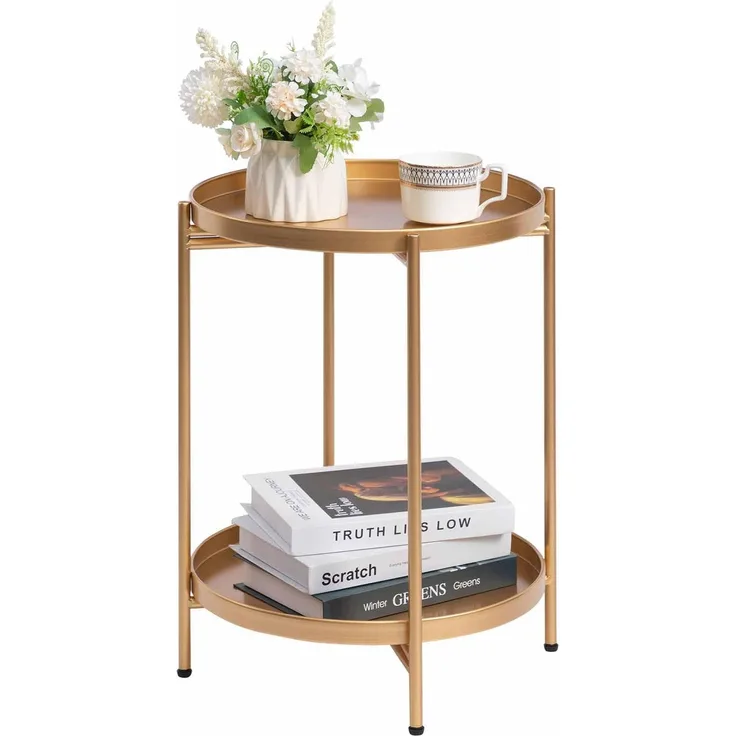 HollyHOME Beistelltisch Gold Rund Metall Balkontisch Klein Couchtisch Nachttisch Sofatisch 2 Ebenen Beistelltisch für Wohnzimmer Schlafzimmer Terrasse Outdoor