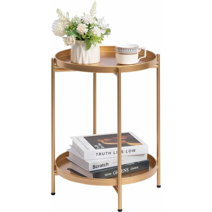 HollyHOME Beistelltisch Gold Rund Metall Balkontisch Klein Couchtisch Nachttisch Sofatisch 2 Ebenen Beistelltisch für Wohnzimmer Schlafzimmer Terrasse Outdoor – Bild 1