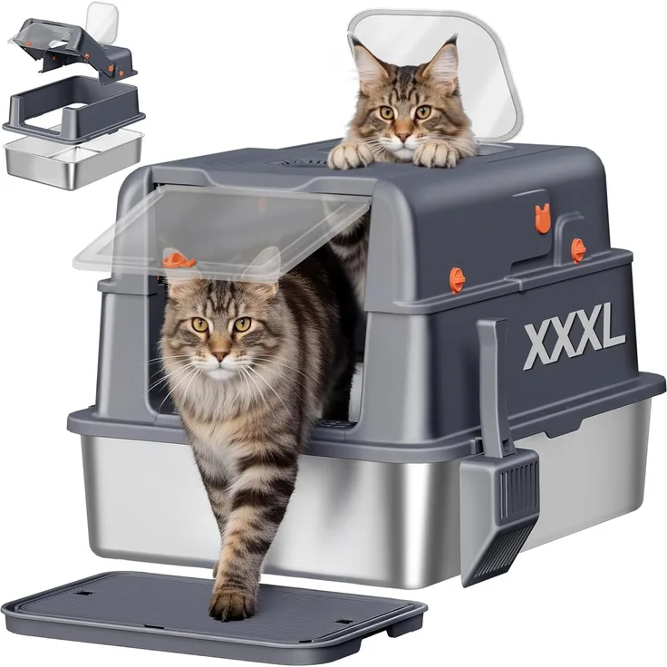 Edelstahl Katzenklo mit Deckel XXXL, 70 x 50 x 42cm, Dunkelgrau, Geschlossene Metall Katzentoilette, 105° Klappdeckel, Inklusive Pedal und Schaufel, Leicht zu Reinigen, Zwei Türen