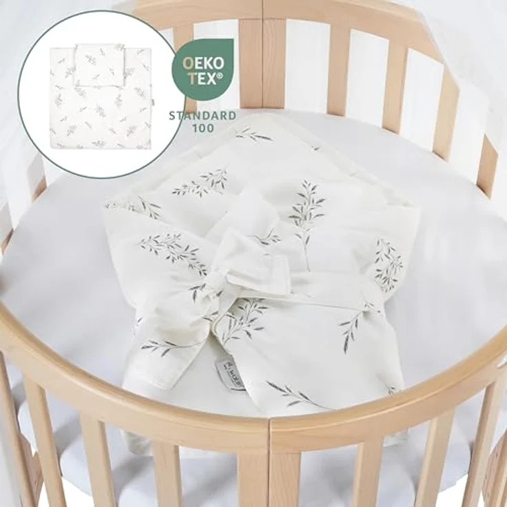 Waldin Oval Baby-Bett Mitwachsend Komplett Set 7in1, Gitterbett, Kinderbett mit Matratze, Wickelkommode, Beistellbett, Holz Natur, Stoffe Weiß Zweige – Bild 5