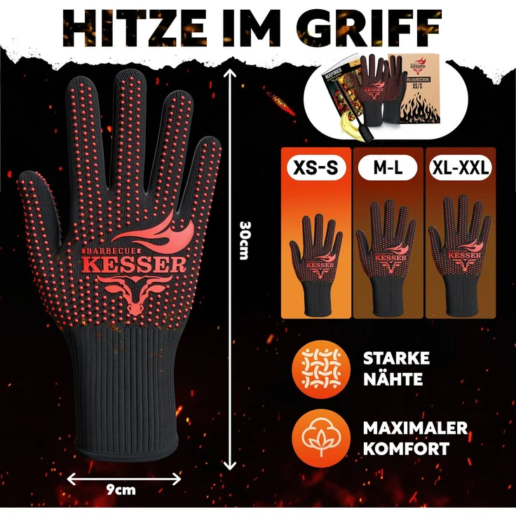 KESSER® Grillhandschuhe hitzebeständig bis 500° | Ofenhandschuhe Atmungsaktiv & mit rutschfestem Griff | Topfhandschuhe aus Aramid-Gewebe | Kamin-Handschuh Maschinenwaschbar Schwarz / Rot, XS-S – Bild 2
