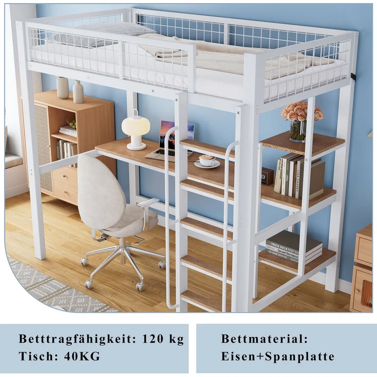 Etagenbett 90×200 cm mit Rausfallschutz, Schreibtisch und Regalen, Weiß/Natur, ohne Matratze – Bild 9