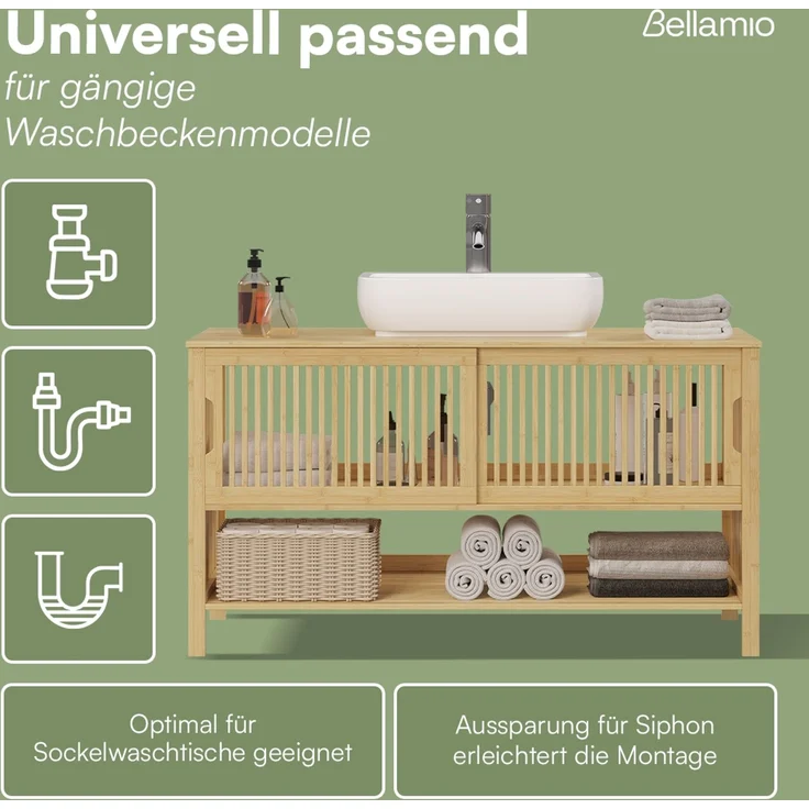 Bellamio 'Sava' Waschbeckenunterschrank, Bambus, natur, Badezimmerschrank mit 2 Ablagefächern und Schiebetüren – Bild 4