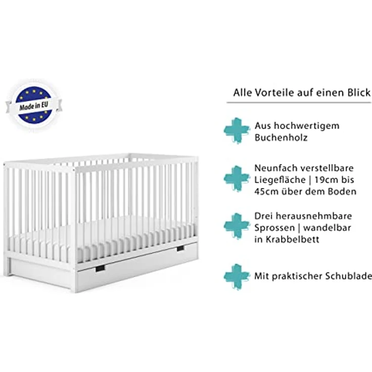 Kids Collective Kinderbett Babybett Gitterbett 60x120 und 70x140 cm höhenverstellbar, mit Schublade und Matratze weiß 70x140 cm von Geburt bis 6. Lebensjahr – Bild 6