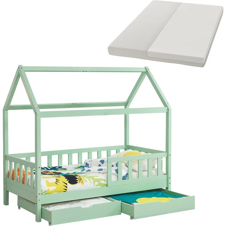 Juskys 'Marli' Kinderbett, mit Matratze, Bettkasten, Rausfallschutz, Lattenrost & Dach - Massivholz Hausbett für Kinder - Bett in Mint, 80x160 cm – Bild 1