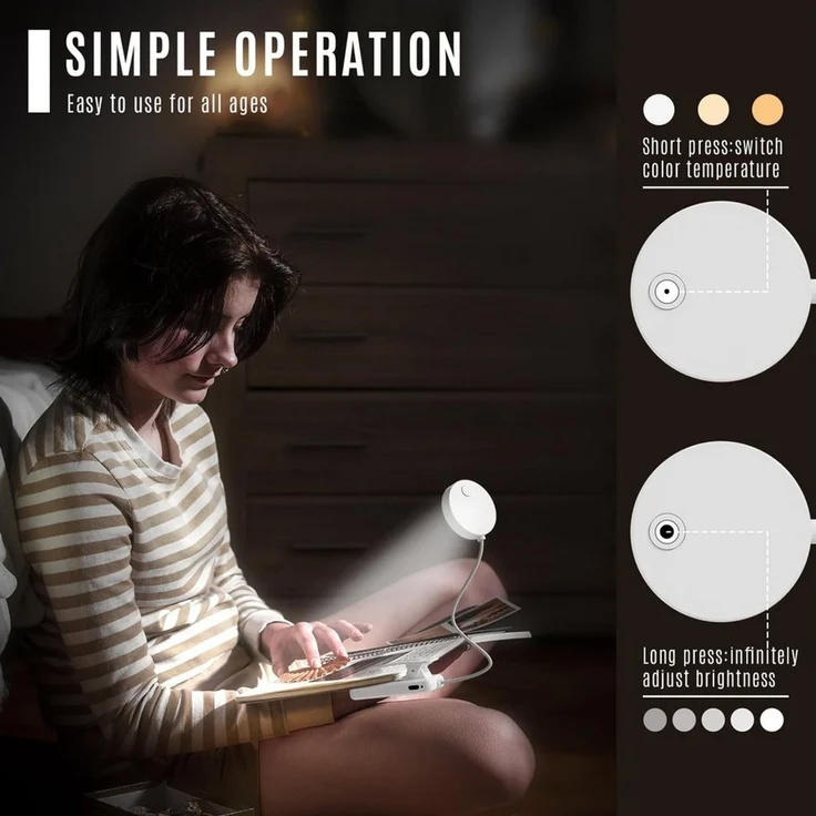 LQWELL LED Schreibtischlampe LED Leselampe Nachttischlampe Leselampe Tisch Buch Klemme im Bett, LED fest integriert, 3 Farbtemperaturen, 10 Helligkeitsstufen, stufenlos dimmbar, 360° flexibles Buchlicht, Für Kinder und Buchliebhaber, ideal für Büro, Sc... – Bild 4