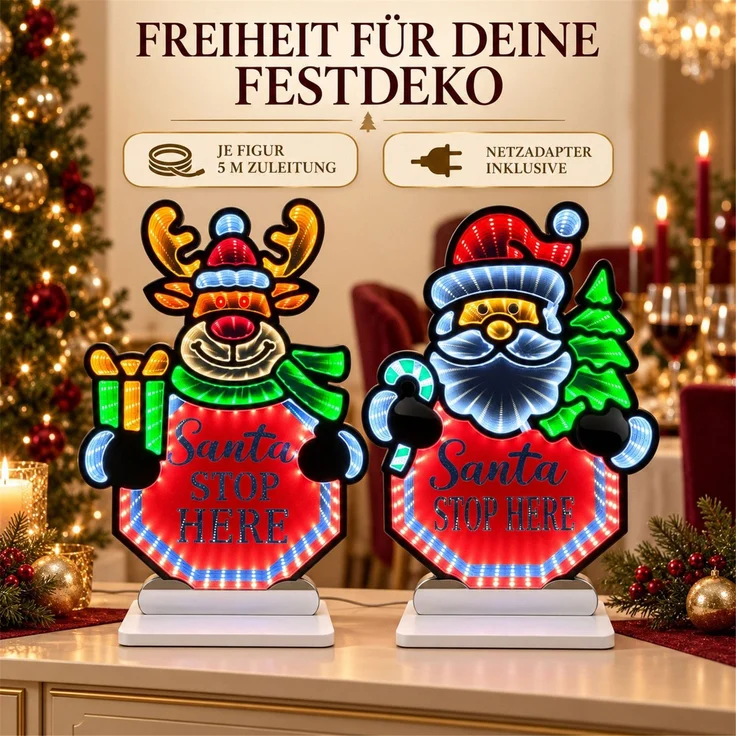 LED Infinity Spiegel 2er-Set Santa Stop Here, Rentier und Santa mit Timer – Bild 5