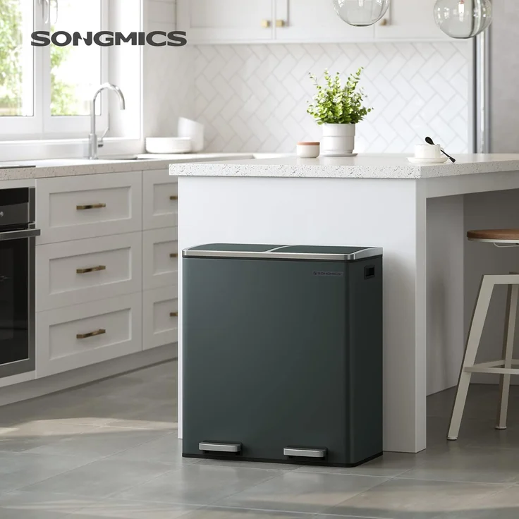 Songmics Mülleimer mit 2 Fächern und Softclose, luftdicht inkl. Müllbeutel, Metall, 60 (2x30) Liter, Rauchgrau – Bild 2