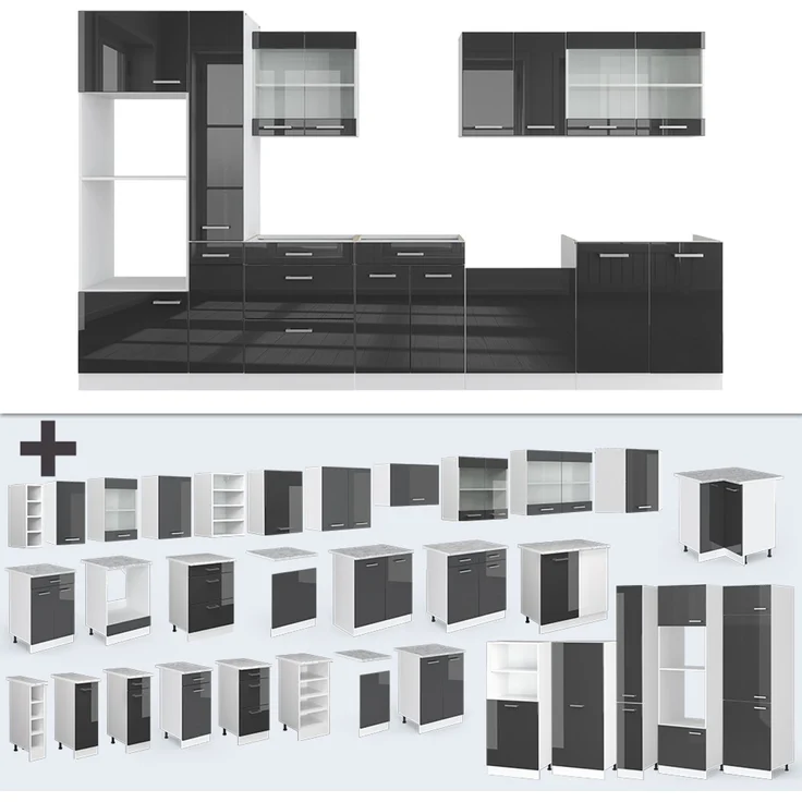 Küchenzeile R-Line Anthrazit Hochglanz/Weiß 350 cm mit Hochschrank, AP Marmor Vicco – Bild 6