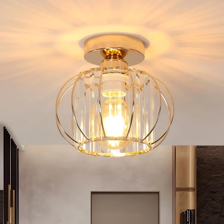 Goeco Modern Deckenleuchte Kristall, Ø 19 cm E27 Gold Deckenlampe Vintage mit Glaskugel Lampenschirm, Industrie Kronleuchter für Eingang Flur Schlafzimmer Wohnzimmer, Glühbirnen nicht enthalten